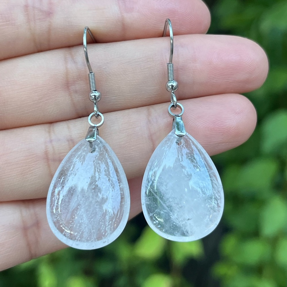 Stainless steel cloudy clear quartz drop earrings
